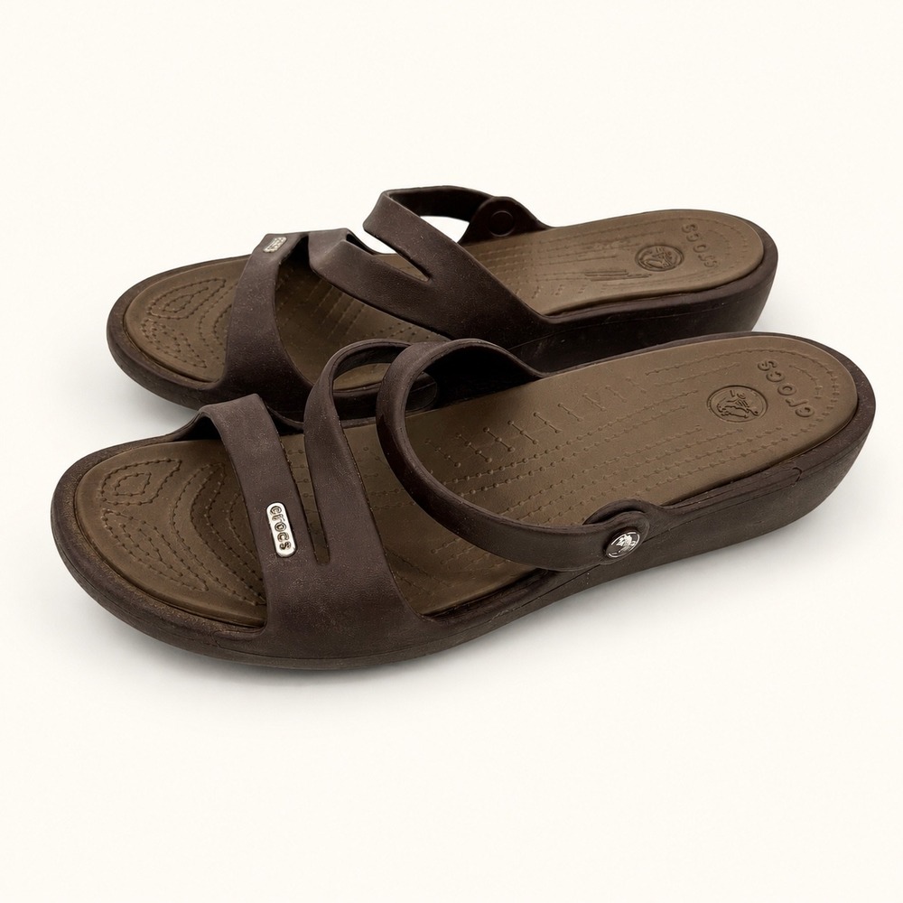 CROCS Patricia Womens 11 Brown Espresso Criss Cross Low Wedge Beach Sandals Boho